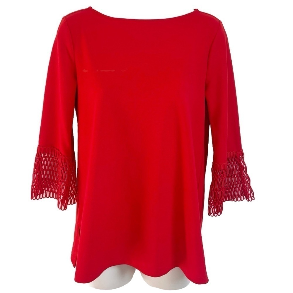 Ann Taylor Elbow Sleeve Crew Neck Pullover Solid Red Tunic Blouse Top XS Stretch